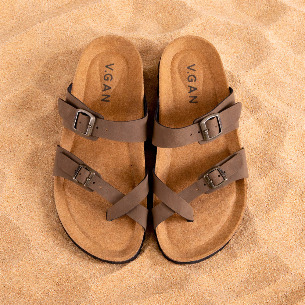 Womens Vegan Garlic Comfort Footbed Sandals in Brown | V.GAN