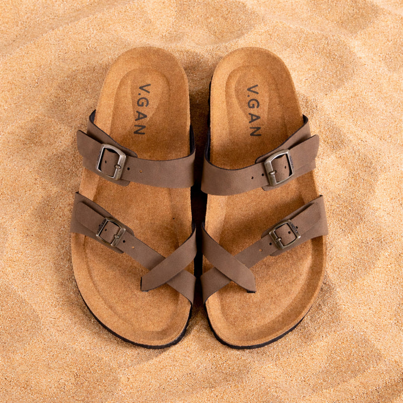 Womens Vegan Garlic Comfort Footbed Sandals in Brown | V.GAN