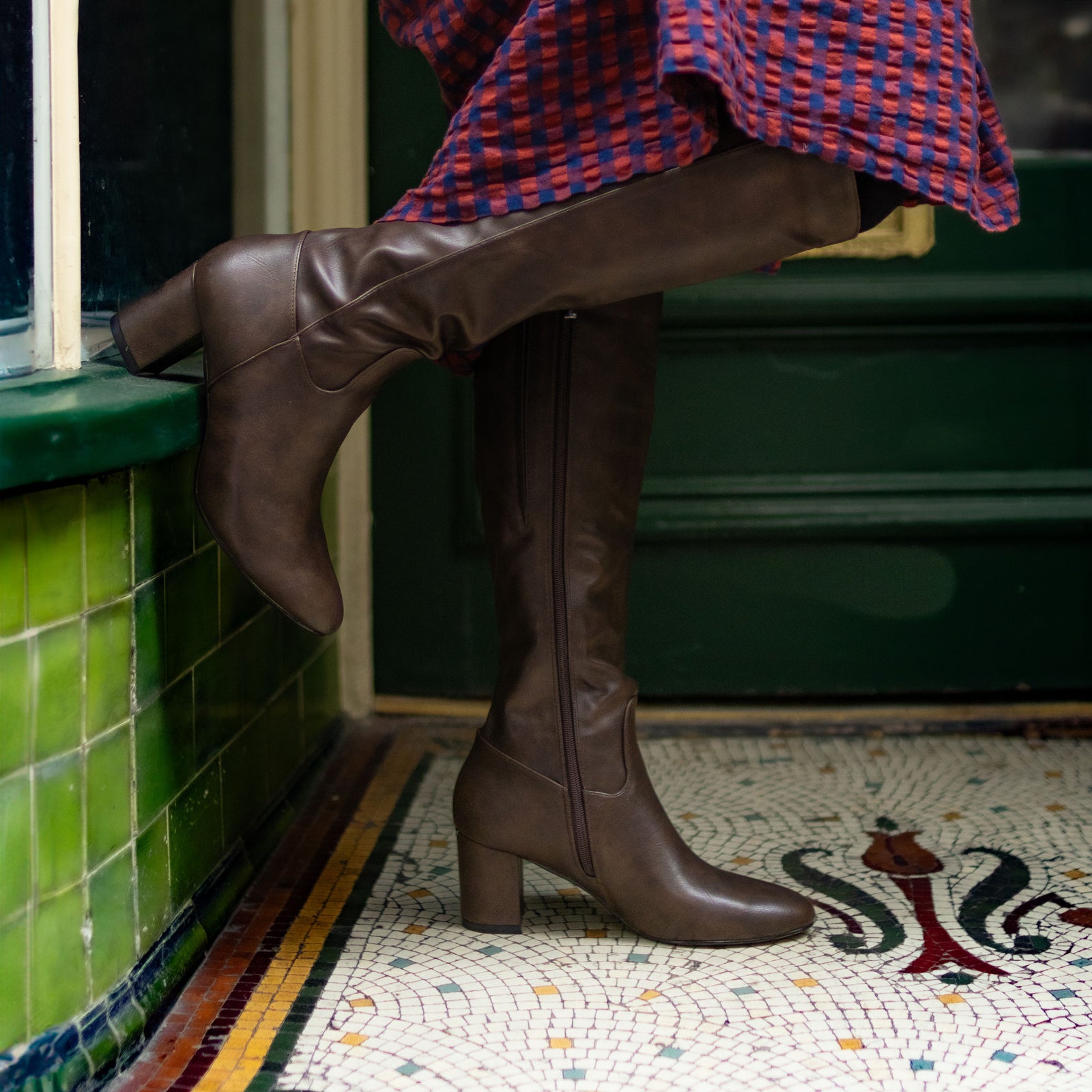 Womens Vegan Avocado Knee High Boots in Brown
